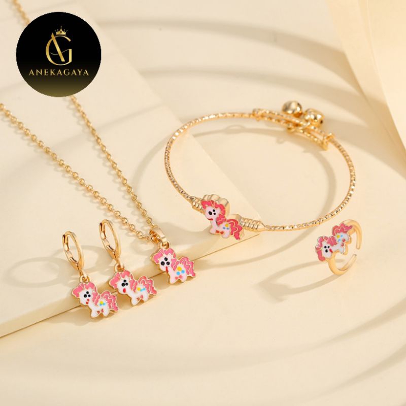 PROMO 1 SET ANAK KALUNG + LIONTIN + ANTING + CINCIN + GELANG KUDA PONI TITANIUM MODEL TERBARU