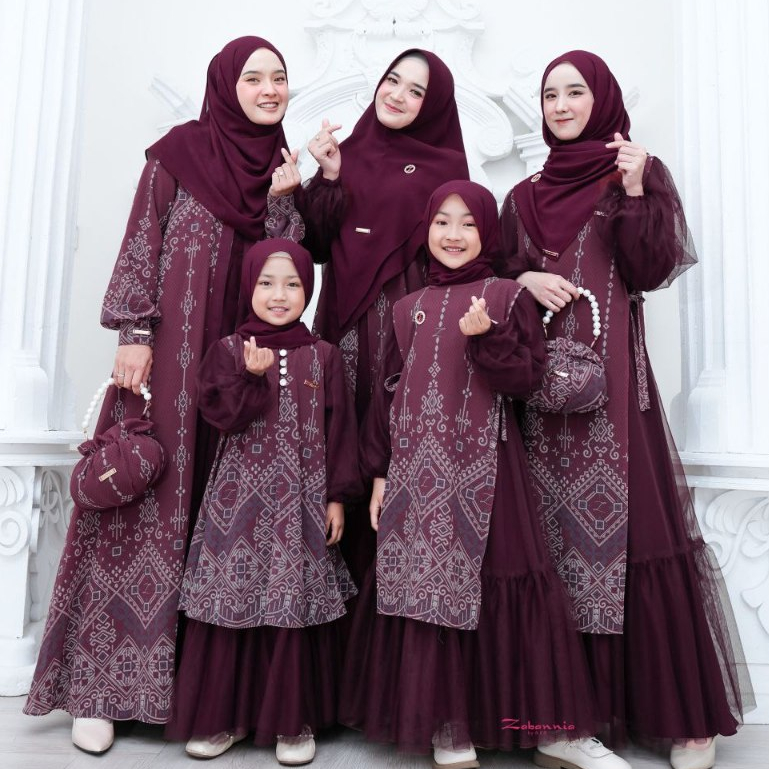 Zabannia terbaru Maharani dress couple mom and kids kode 1 2 3 burgundy gamis syari muslimah anak pe