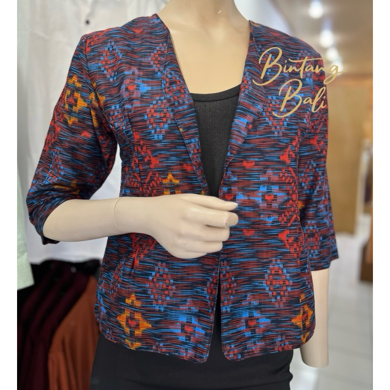 Blazer Endek Bali Wanita Lengan 3/4 sesiku motif Seseh Gerimis Hijau dan Biru Navy