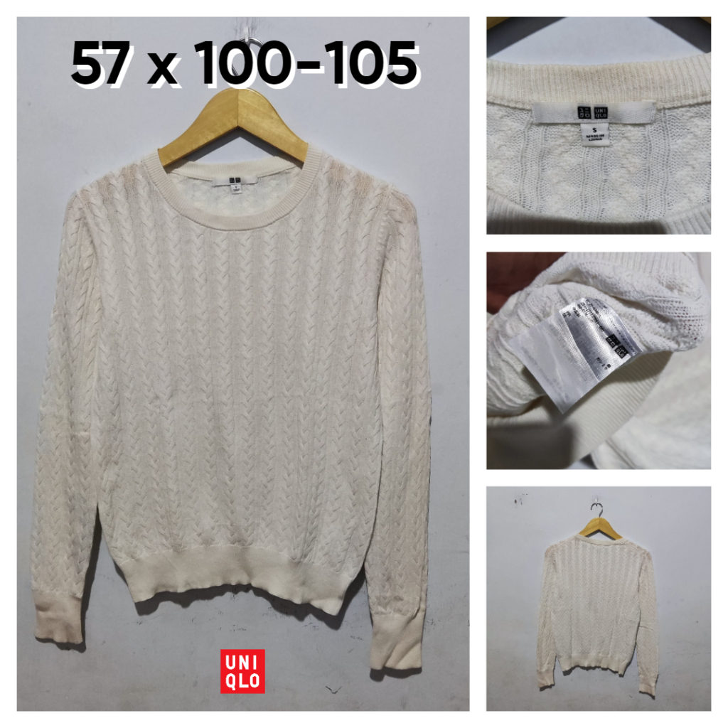 Sweater Kepang UNIQLO Putih Broken White BW Size S fit M Wanita Atasan Cewek Outer Knit Cable BC591