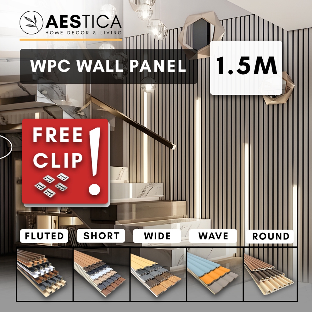 WPC Wood Wall Panel 1.5M Fluted Short Wide Wave Round Aestica Dekor Dinding Rumah Kantor Cafe Klinik