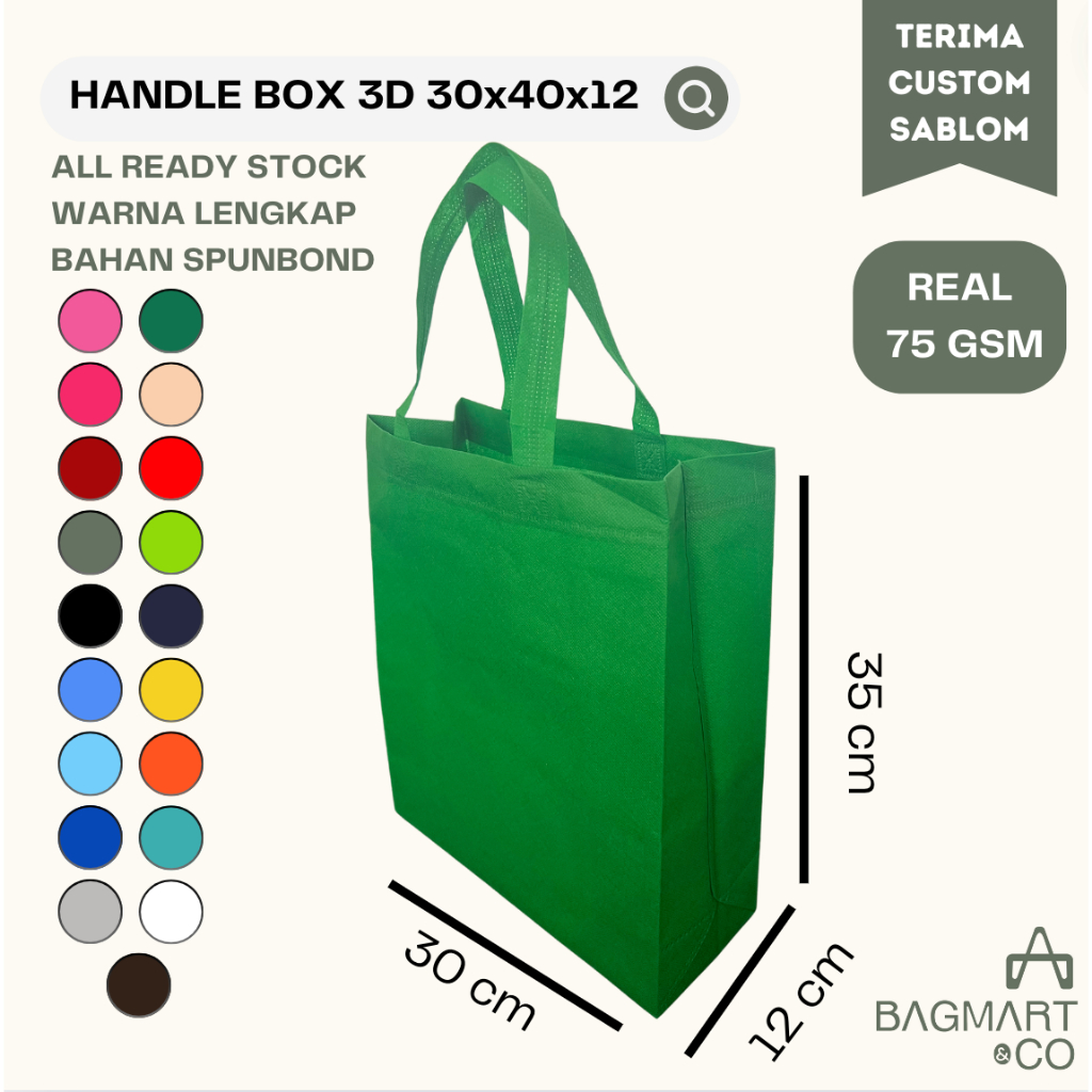 

Tas Spunbond Handle Box uk 30x40x12 / Goodie Bag / Tas Kain Polos / Tas Custom Nama / Kemasan Toko