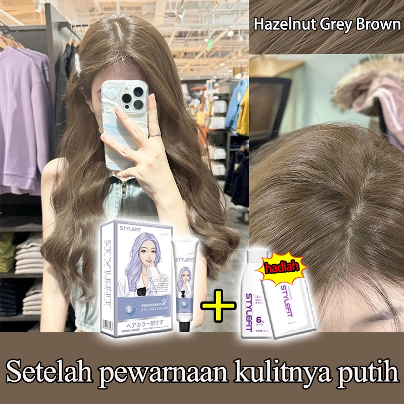 [Pengiriman Cepat]STYLE FIT cat rambut Hazelnut Grey Brown*200ml Tidak perlu pemutih，Warna kulit put