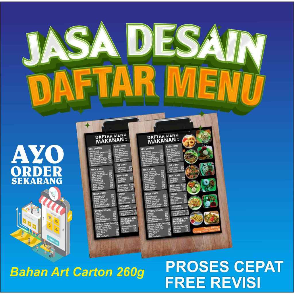 

Cetak Daftar Menu Board / Papan Menu / Menu Resto / Desain Menu Makanan & Minuman