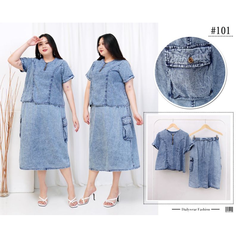 Setelan Rok Jeans Kargo Jumbo