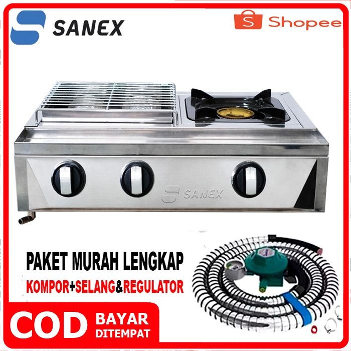 KOMPOR GAS 3 TUNGKU SANEX 2 IN 1 + PANGGANGAN SN-KKP128 PLUS SELANG & REGULATOR