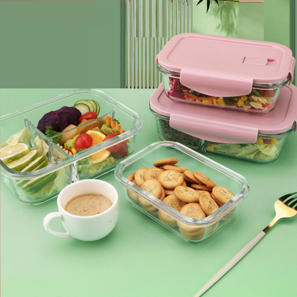 Lunch Box / Kotak Tempat Penyimpanan Makan Bahan Kaca Microwave Oven Safe Bersekat