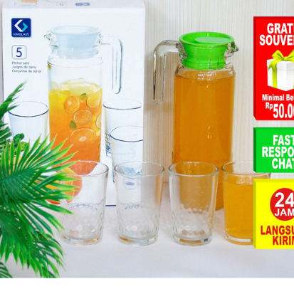 Pitcher Teko Set Kaca /Drink Set Kim glass isi 5 Estetik  pcs