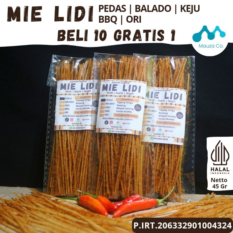 

BELI 10 GRATIS 1 TERMURAH MIE LIDI LIDI LIDIAN PEDAS GURIH RENYAH MAUZA SNACK