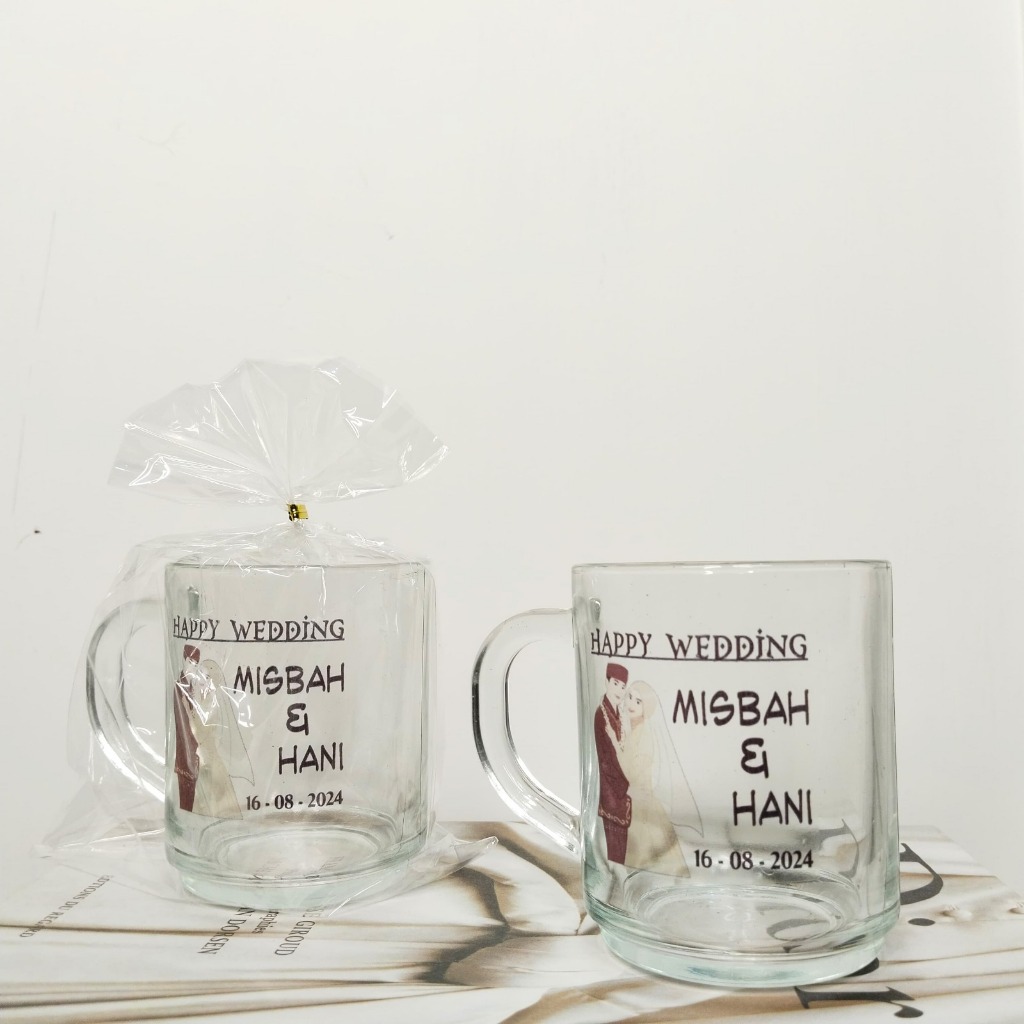 GROSIR Gelas Kopi kaca Gagang Pendek Bening FREE Custom Souvenir Wedding | Souvenir Kantor | Souveni
