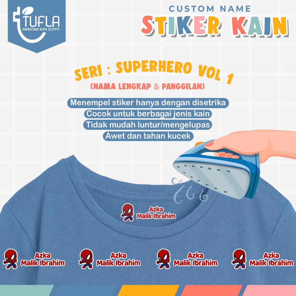 

[ISI 44-96pcs] Stiker Custom Nama Baju Dan Kain Anak Tinggal Setrika Untuk Label Seragam Sekolah Pesantren Asrama Ukuran A4 Karakter SUPERHERO VOL 1