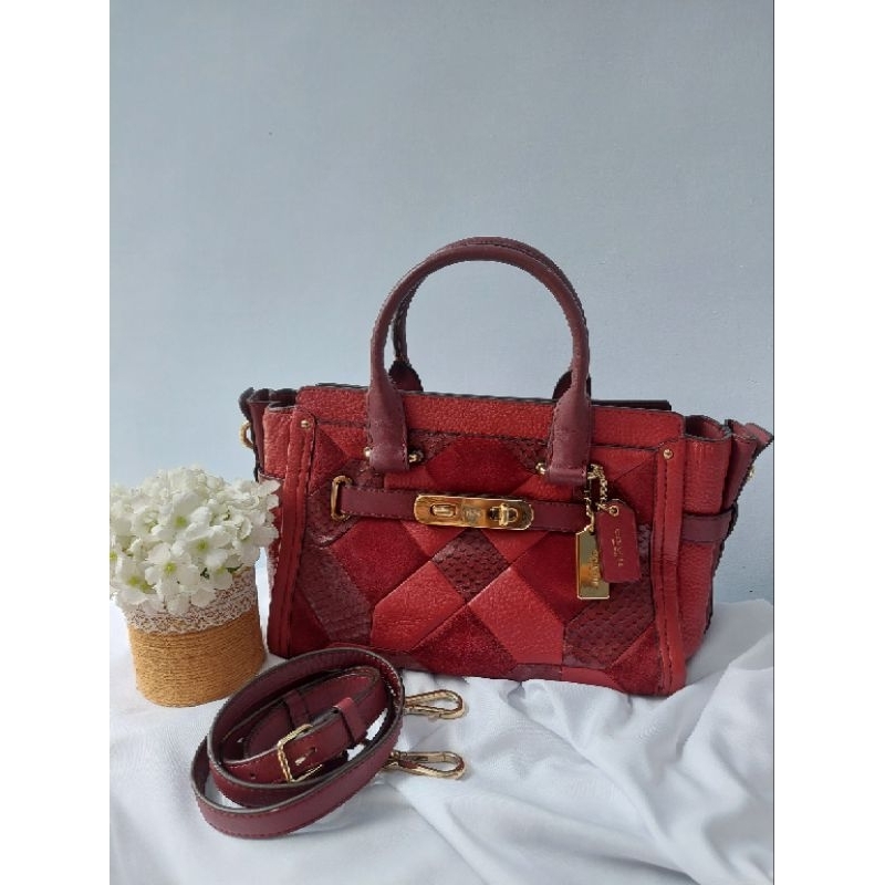 Preloved tas C*ach Swagger patchwork maroon merah marun ada croco mulusss size 27 bag bags rare item