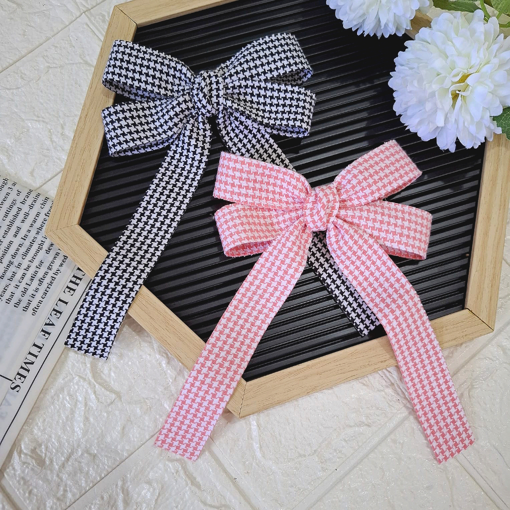 Jepit Rambut Pita Aesthetic Wanita Korea Motif Puzzle Kotak/ Pita Rambut Korea/Jepitan Rambut Pita P