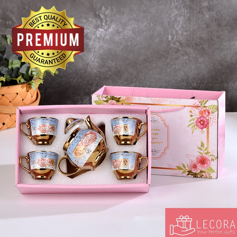 KODE K96D TEASET by Lecora Orange Teaset isi 4 cup  1 teapot  1 Wadah Teh FLOWER TEASET