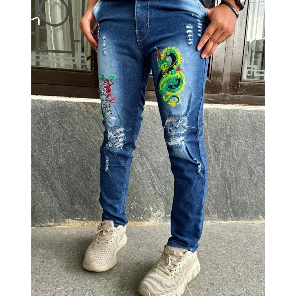 KODE R3N Celana Panjang Jeans Denim Pria Slim fit Bordir Naga dan Harimau Original