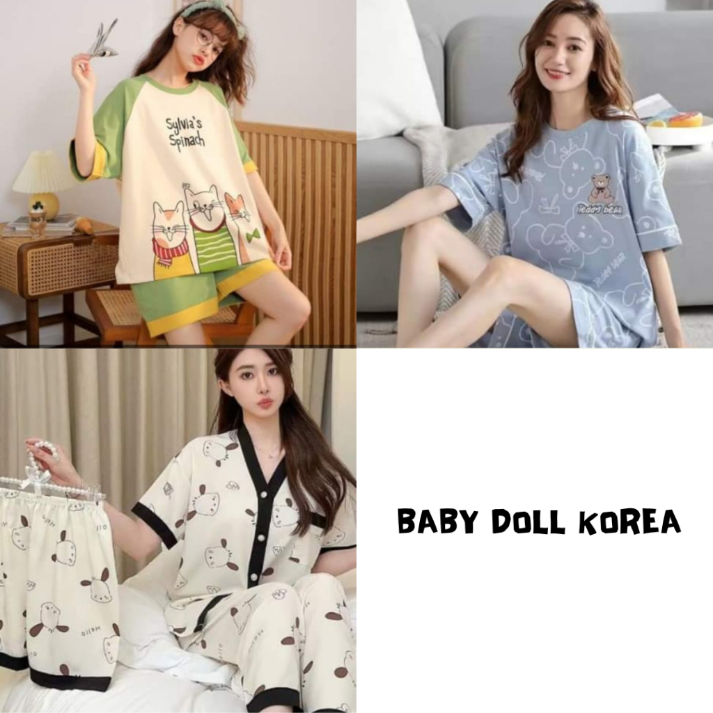 BABY DOLL Baju Tidur Wanita Lengan Pendek Celana Pendek | Baju Tidur Jumbo Set | Piyama Import Set