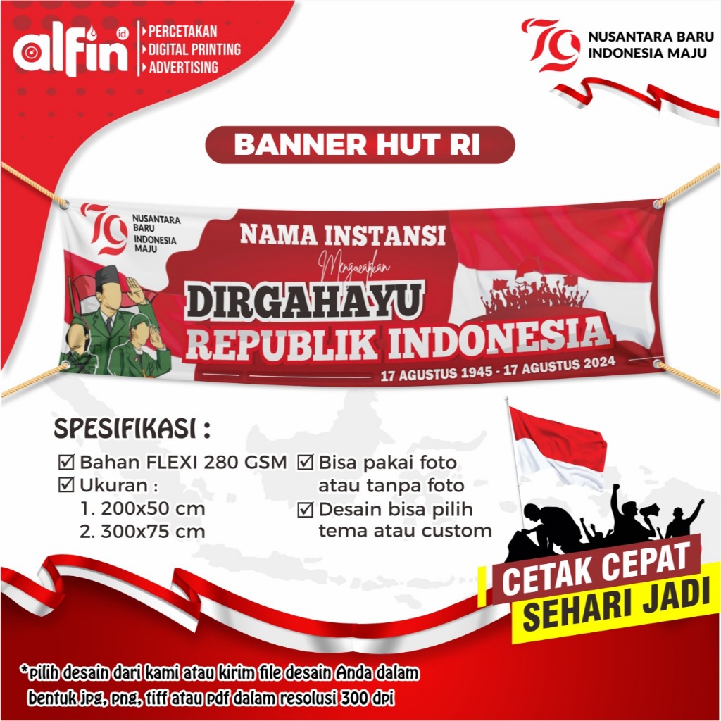 Banner 17 Agustus / spanduk / mmt / backdrop / kemerdekaan Indonesia / HUT RI ke 79 2024