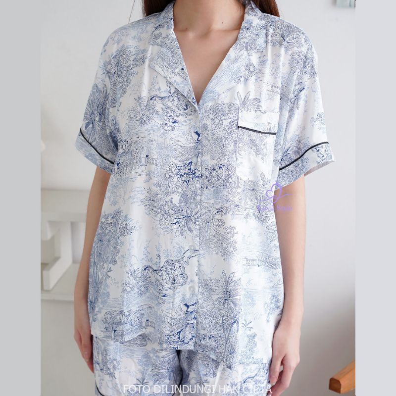 PROMO DISKON Baju Tidur One Set Setelan Wanita Kekinian Rayon Premium Blue Dior