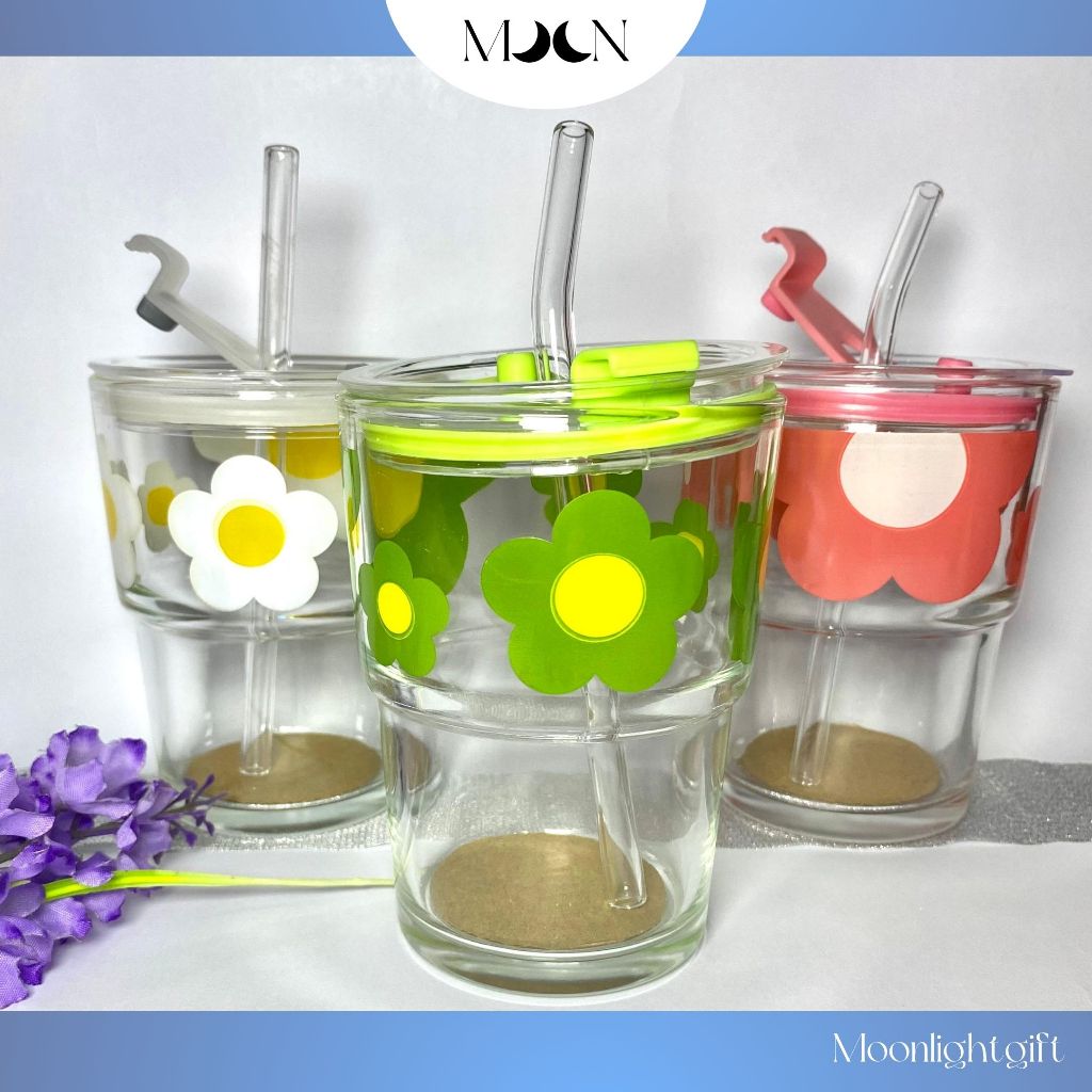 GELAS KACA BUNGA GELAS MUG KACA TUMBLER KACA SEDOTAN ESTETIK