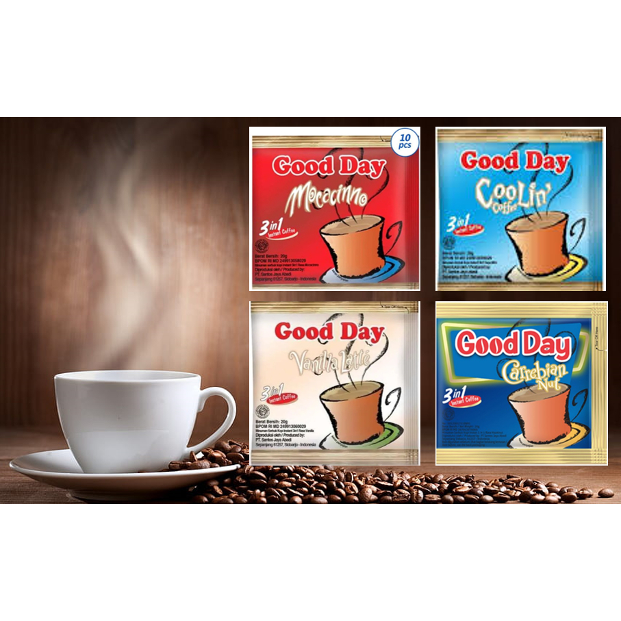 

Good Day 3 in 1Mocacinno, Vanilla Latte, Coolin & Carebian1 RENTENG ISI 10sachet