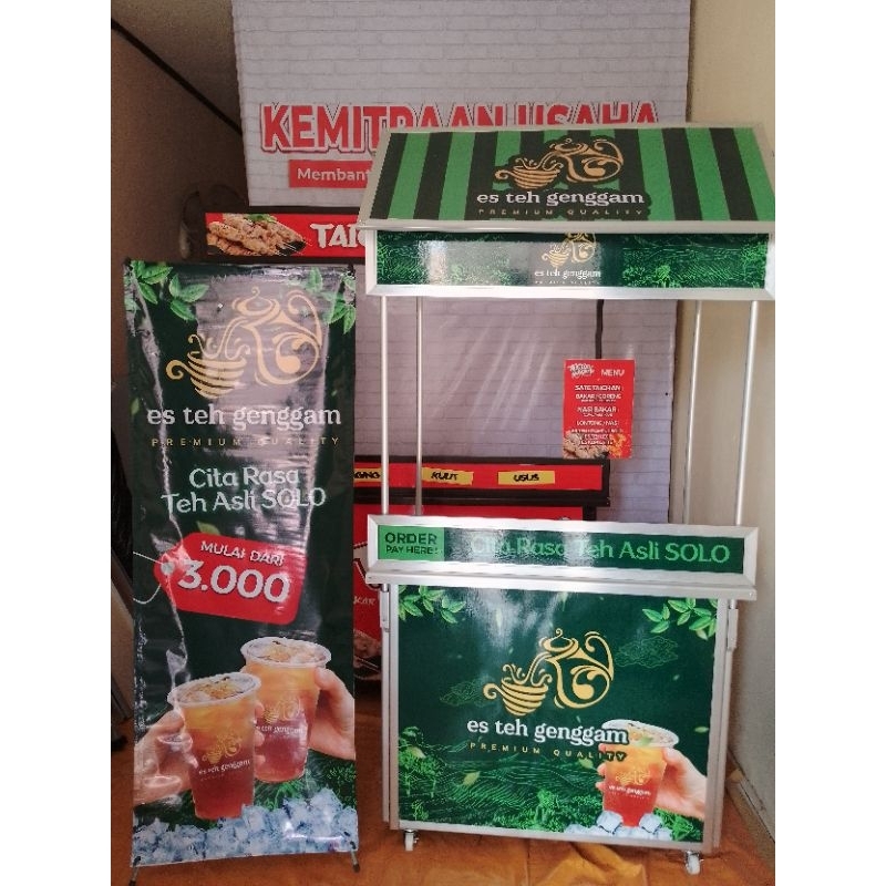 Booth Portable Meja Lipat Rombong bahan aluminium ukuran 1 meter dilengkapi Atap Segitiga dan Roda s