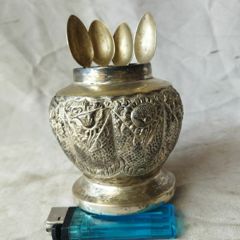 Pajangan Vintage Wadah Sendok Kuningan Lapis Perak