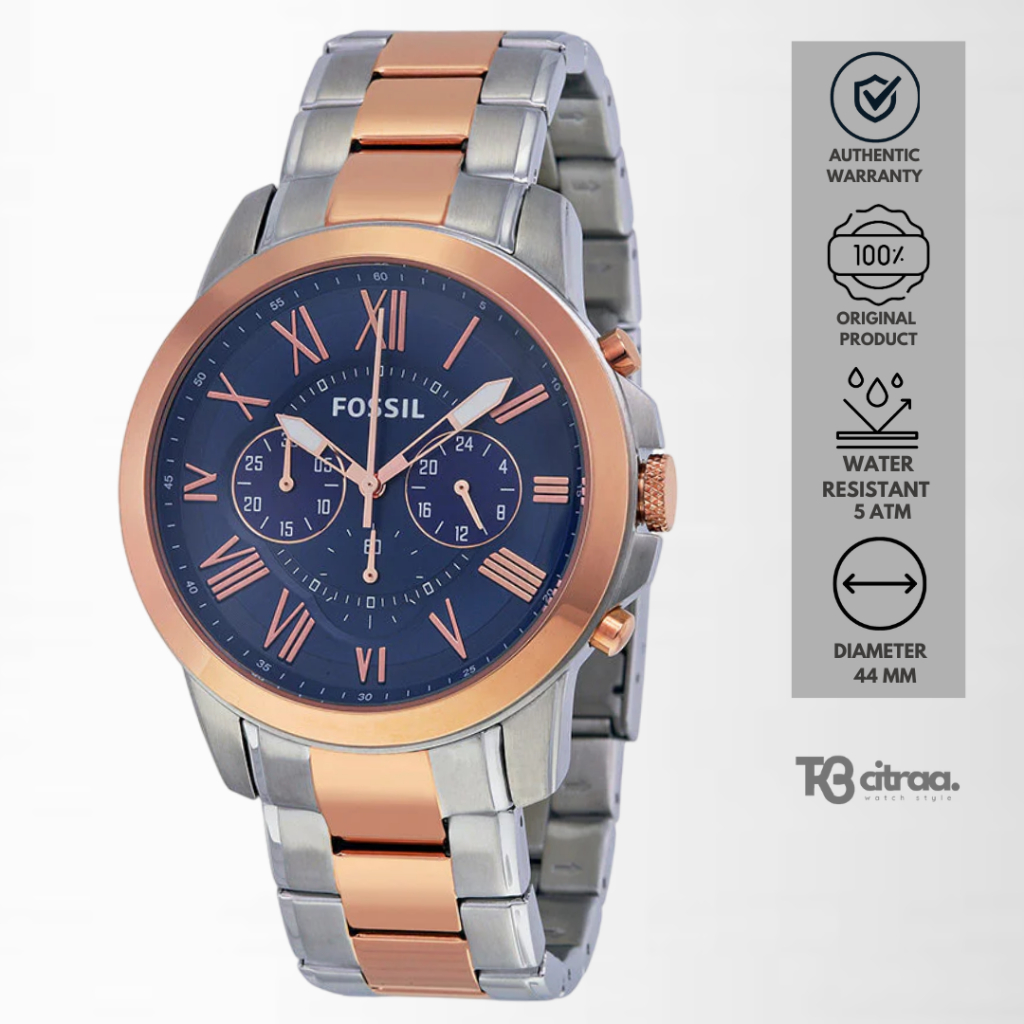 jam tangan fashion pria Fossil Grant analog strap rantai Chronograph men Two Tone stainless steel wa