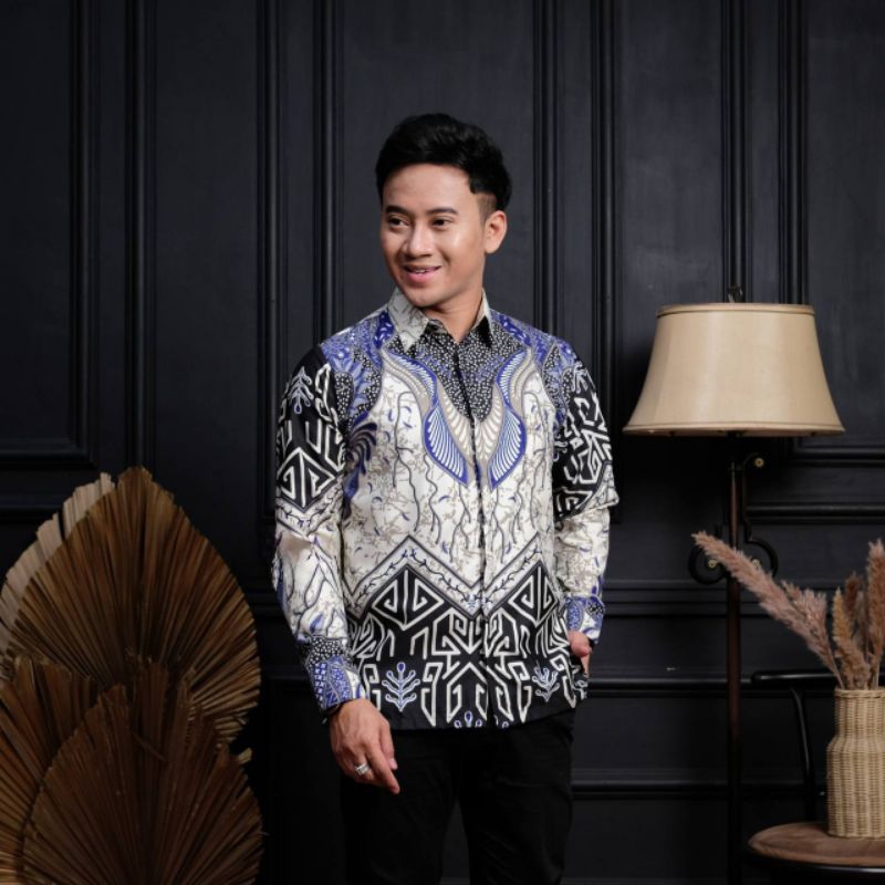 ATASAN BATIK / KEMEJA BATIK PRIA LENGAN PANJANG, CORAK DASI BIRU, STYLE BATIK MODERN