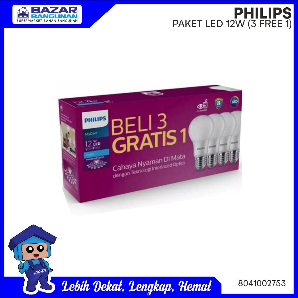 Philips - Paket Lampu Bohlam Led 12 Watt / 12 W / 12W 3 Gratis 1