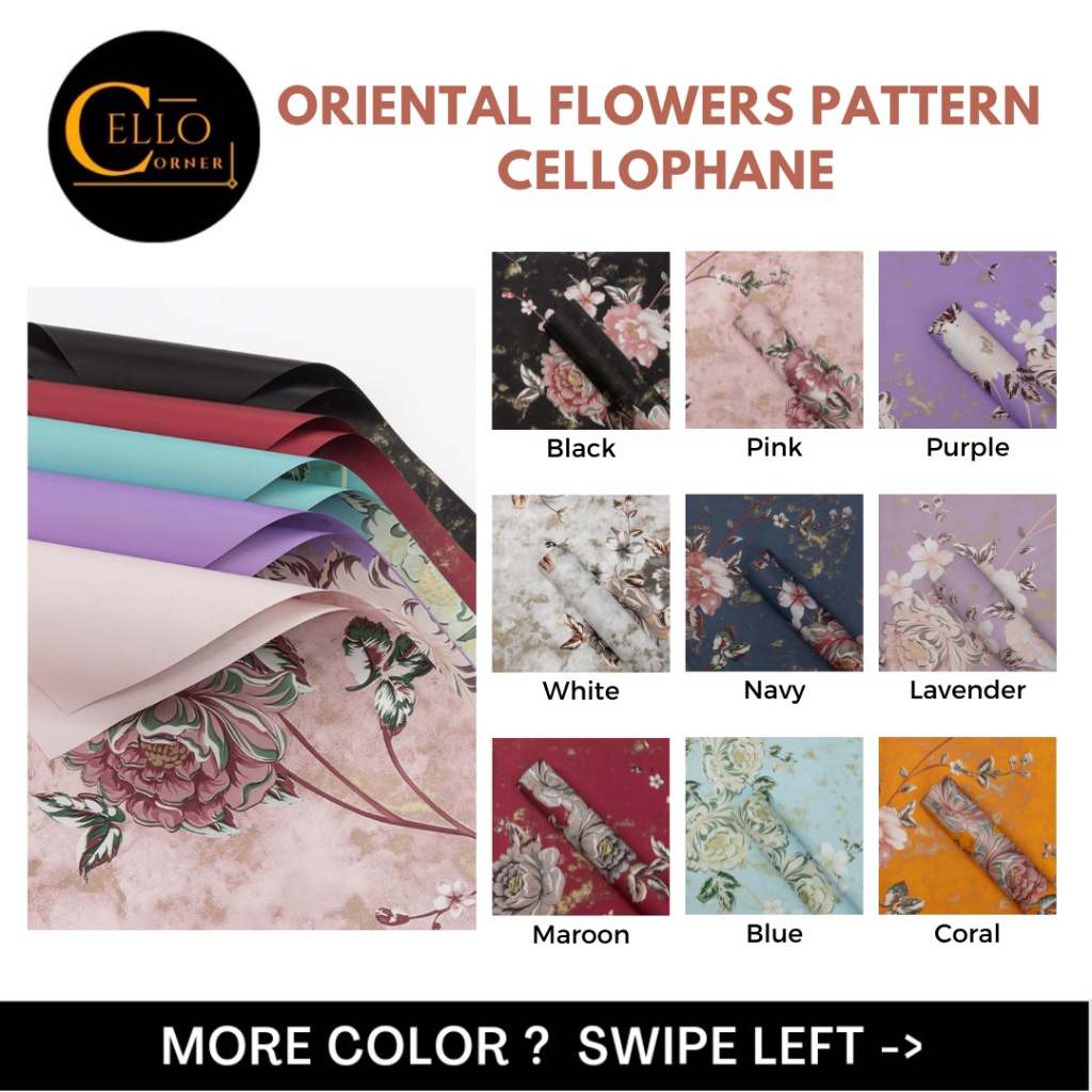 

ORIENTAL FLOWER PATTERN CELLOPHANE / CELLOPHANE WISUDA / BUKET WISUDA - Flower Wrapping Cellophane Paper Kertas Buket Bunga Transparant Gold Line Gold List - HW