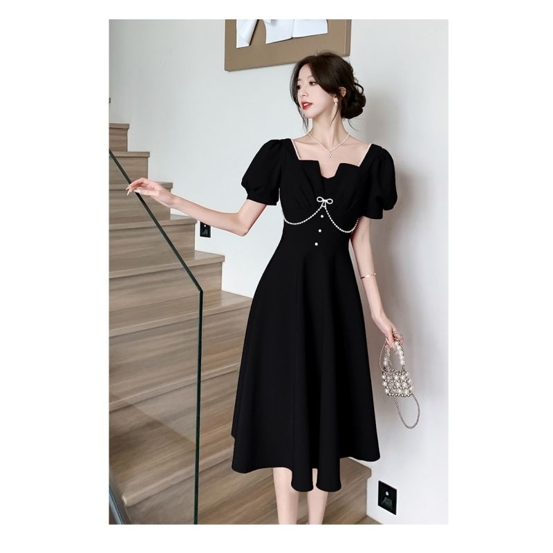MIDI dress wanita warna hitam model cantik Korea lengan pendek elegant