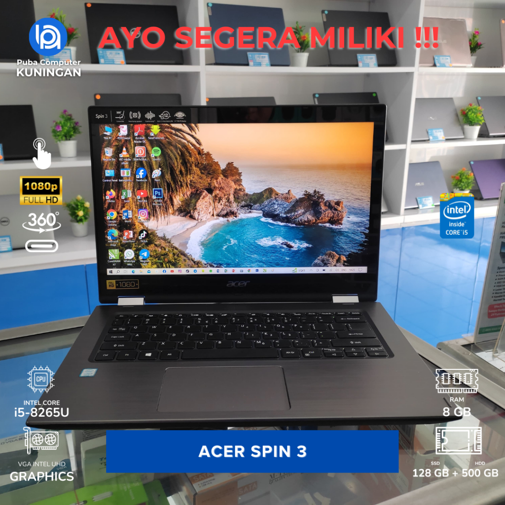 Acer Spin 3 - Intel  Core i5 - 8265U (8CPU) - RAM 8GB - SSD 128GB + HDD 500GB