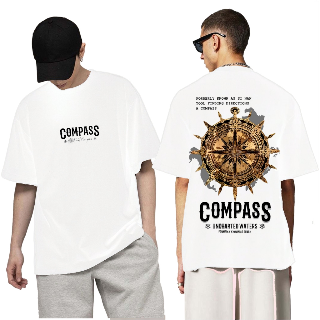 Baju Kaos Distro Pria Atasan Terbaru Motif Compas Putih Tulisan Bergambar Oblong Cowok Cewek Unisex