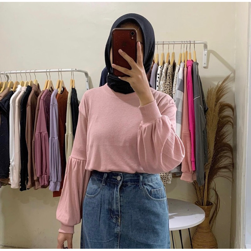 Kaos Rib Lengan Balon / Puffy Blouse / Kaos Rib Lengan Panjang / Basictee Balon