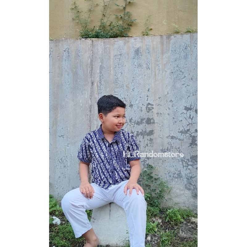Hem batik anak motif lurik biru putih