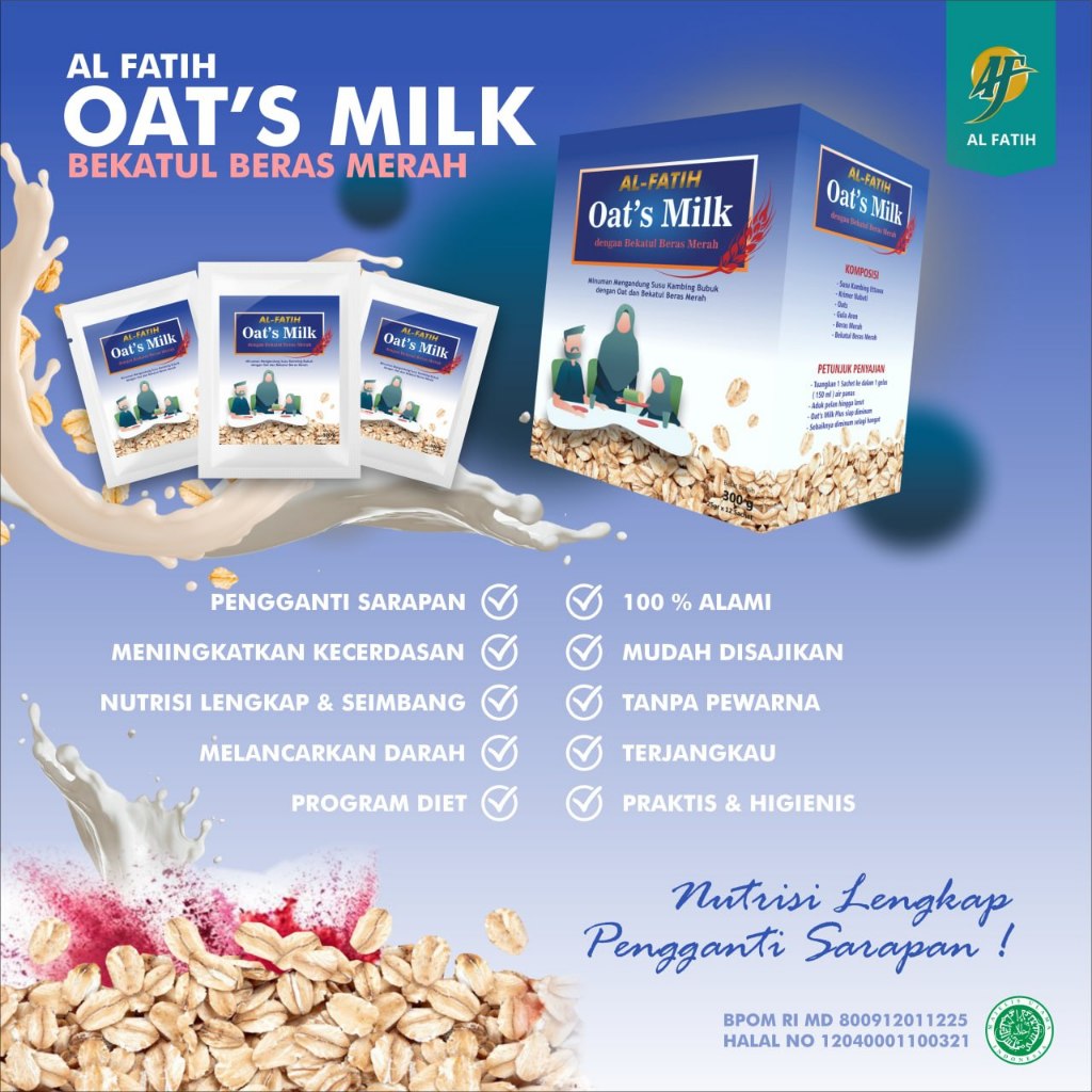 

Al Fatih Oat Milk Susu Kambing Bubuk kombinasi dengan Oat, Bekatul Beras Merah, Madu, & Biji Teratai