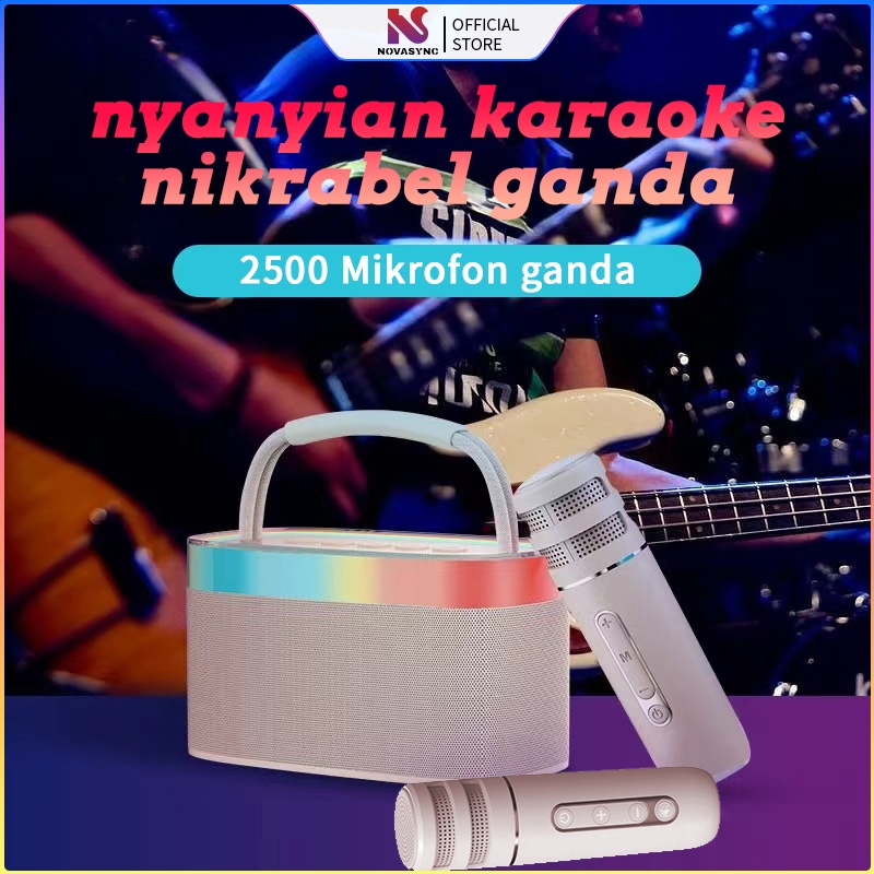 Speaker Karaoke 2 Mikrofon Speaker Bluetooth Mini Portabel dengan Efek Pengubah Suara dan Lampu LED 