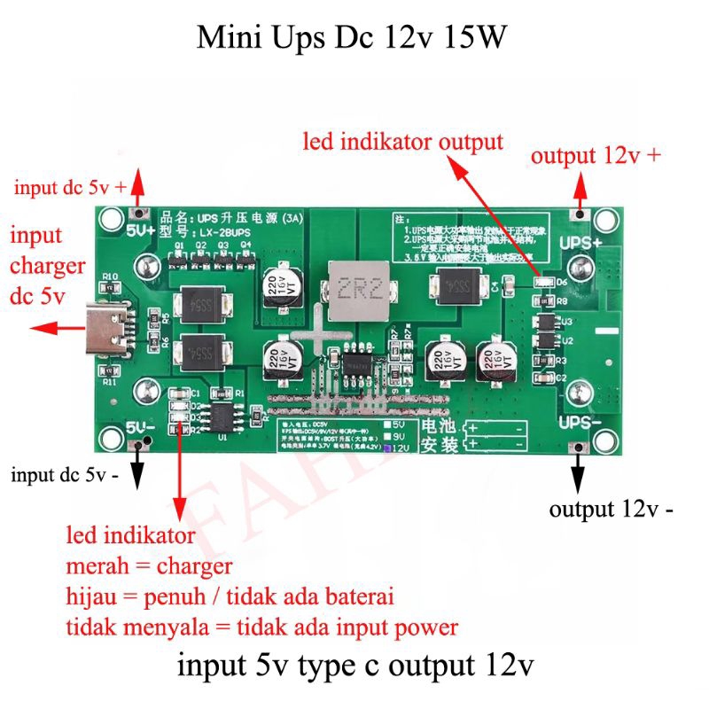 RB22 Mini Ups Dc 12v Ups Dc input 5V 3A 15 Watt Modul Ups Type C