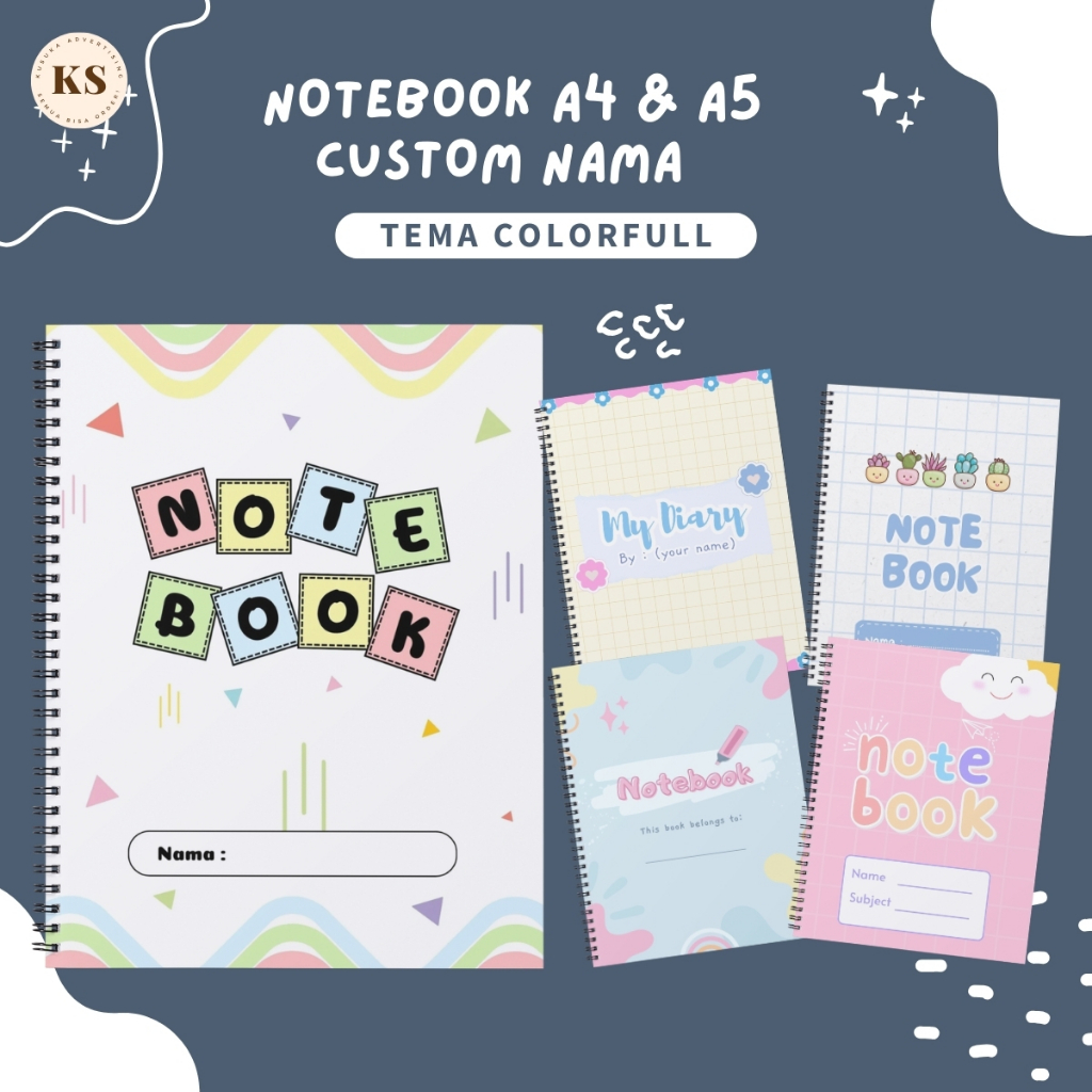 

Notebook Buku tulis A5 A4 Custom Nama Tema Cover COLORFULL Isi Garis Lucu Cute Spiral Kawat HVS Tebal