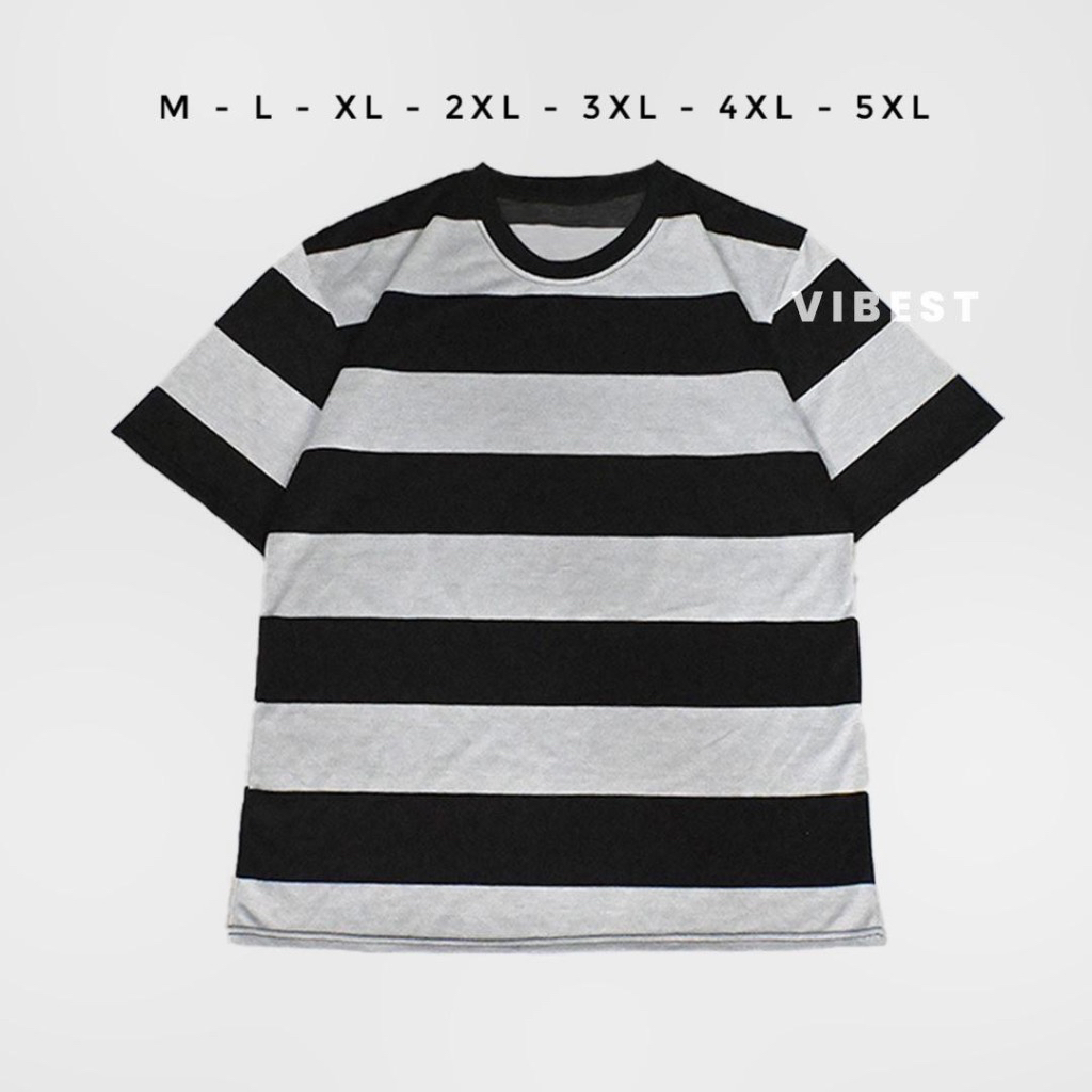 Baju Kaos Salur Dewasa Jumbo Pria Wanita Baju Stripe - Abu Hitam