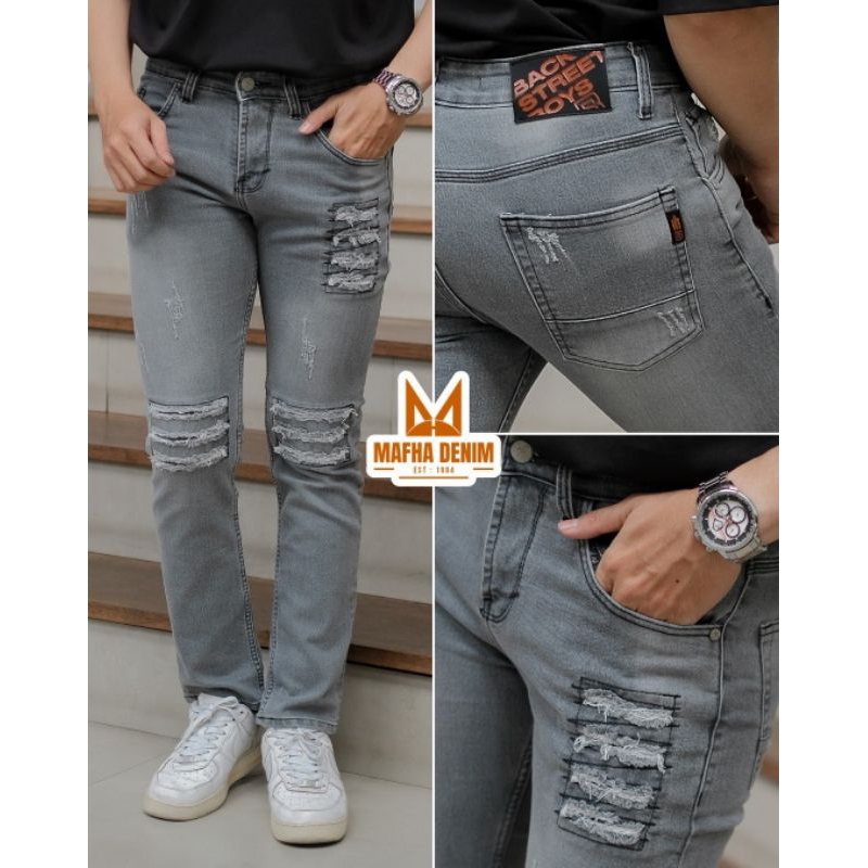 XT - Celana Jeans Pria Warna Abu Sobek Tidak Tembus Slimfit Ripped Distro - Celana Panjang Pria Bike