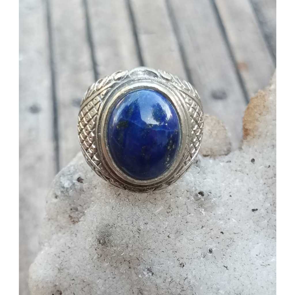 Natural Lapis Lazuli Size Kantoranl Ring Alpaka Ukir