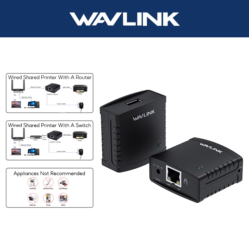 WAVLINK USB2.0 Server Cetak Nirkabel Wifi Dengan Server Berbagi Cetak LAN untuk Printer USB Server