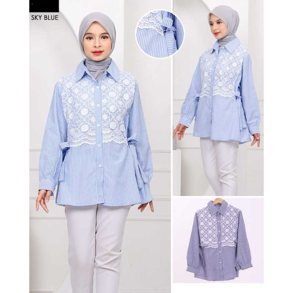 Ayumi Top Kemeja Wanita Lengan Panjang Kombinasi Brukat Premium