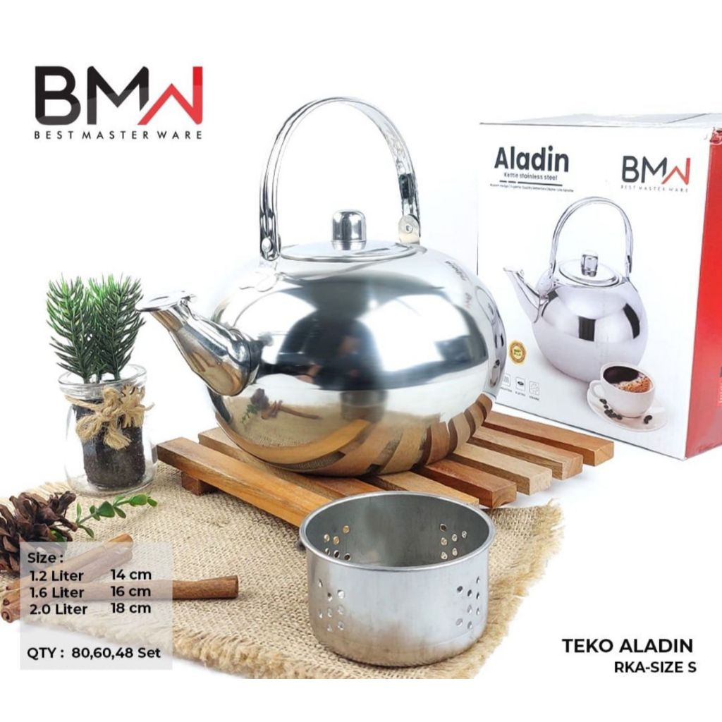 Teko Aladin Bulat Saringan Teh Stainless Steel Tebal Premium