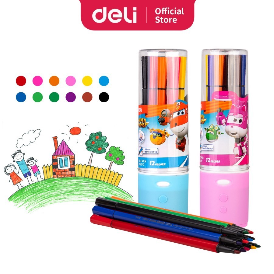 

Deli Spidol Deli Warna isi 24 pcs Super Wings Felt Pen Warna Cerah Mudah Dibersihkan