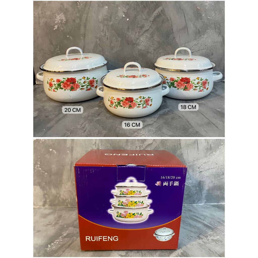 Panci Bunga Set Enamel Motif Panci Set 3 pcs Plus Tutup Enamel