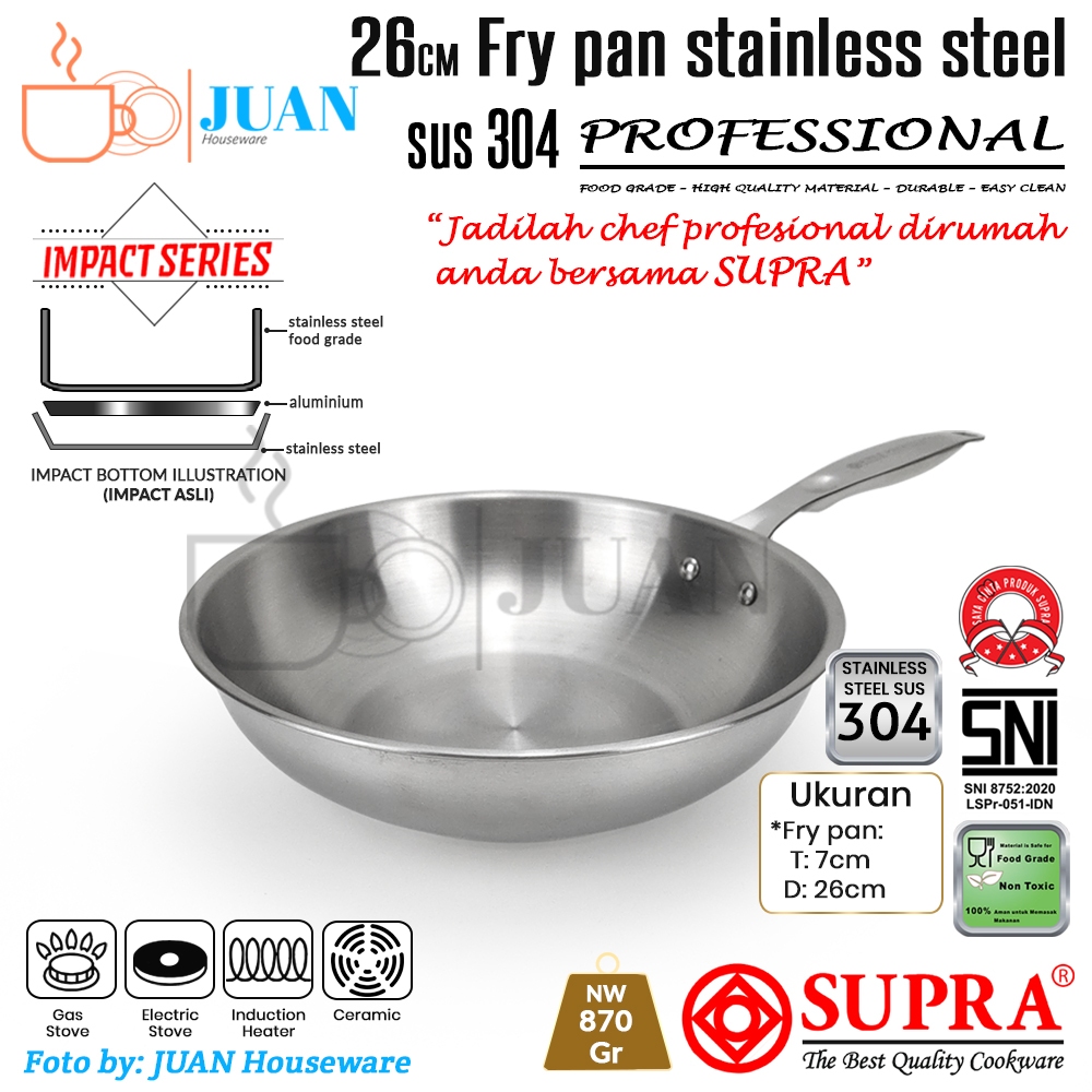 SUPRA Fry pan 26cm stainless steel 304 cookware profesional / wajan penggorengan stainless