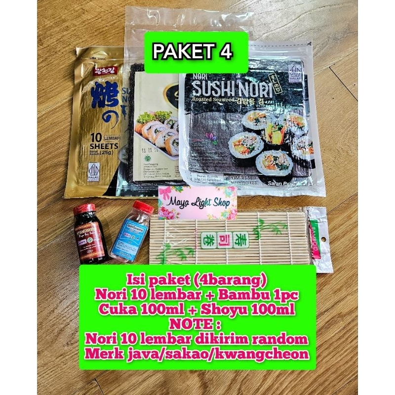 

Paket 4 bahan sushi isi nori java sakap + bambu + shoyu + cuka halal rumput laut soy sauce paket bahan sushi murah