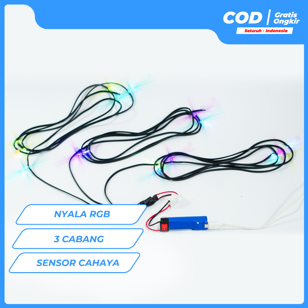 Lampu layang-layangan LED RGB 5mm cabang 3 baterai cas sensor cahaya [3meter & 6meter]-OtakAtik_Elec